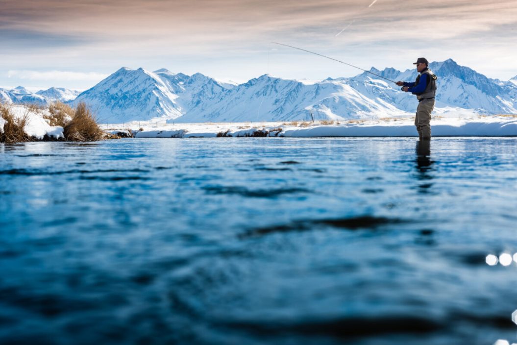 Winter Fly Fisherman on the Owens River, California, in winter
