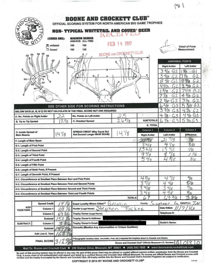 Offical B&C Tucker Buck Score Sheet 