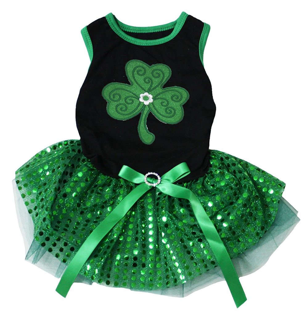 Green Clover Print Black Top Sequins Tutu Dog Dress