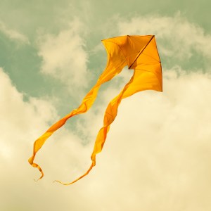 Yellow kites flying in the cloudy sky. Retro style. (Toned photo.)