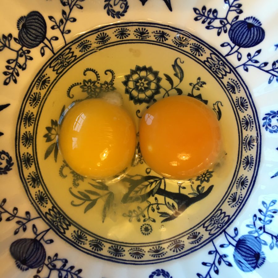 Yellow supermarket yolk on left from vegetarian-fed hen, orange yolk on right from free-range backyard hen.