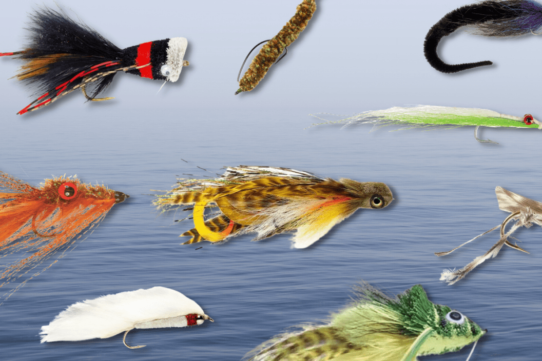 Arrangement of flies for fishing photo-imposed on a water background