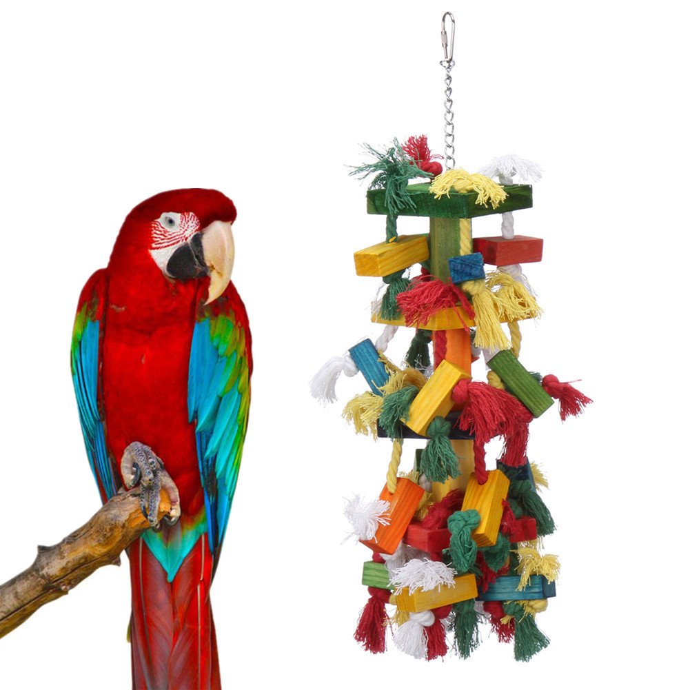 Parrot Toy,Pure Natural Colorful Knot and Block Rainbow Chewing Hanging Toy