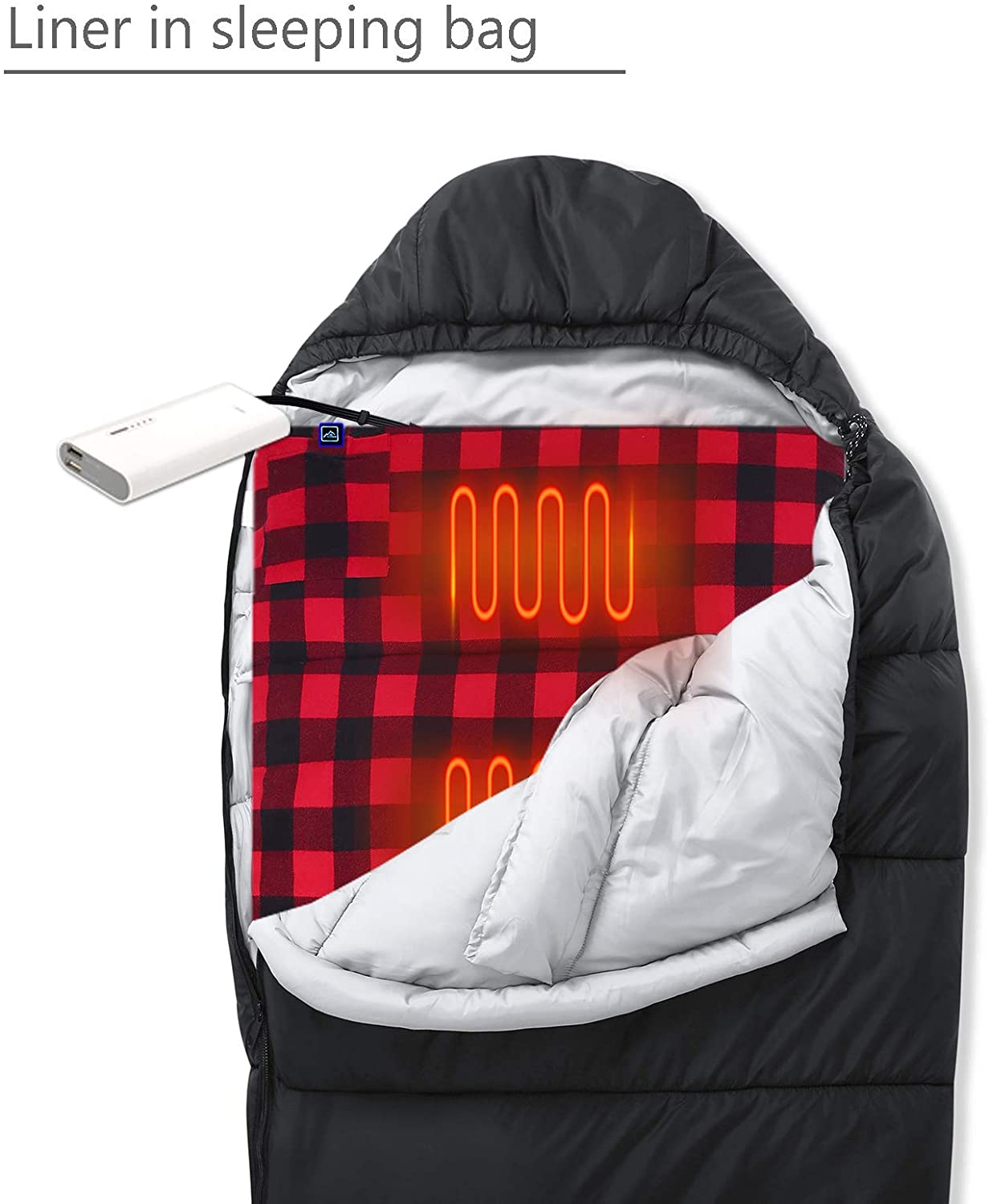 Mantuole Heated Sleeping Bag Liner, Heated seat Cushion, 5pcs Multi USB Power Support Heating Pads, Operated by Battery Power Bank or Other USB Power Supply, Compact Bag Included.