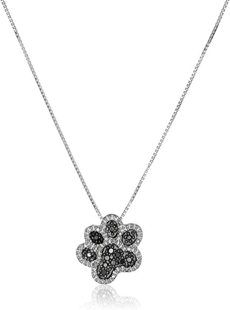 Sterling Silver Black and White Diamond Dog Paw Pendant Necklace