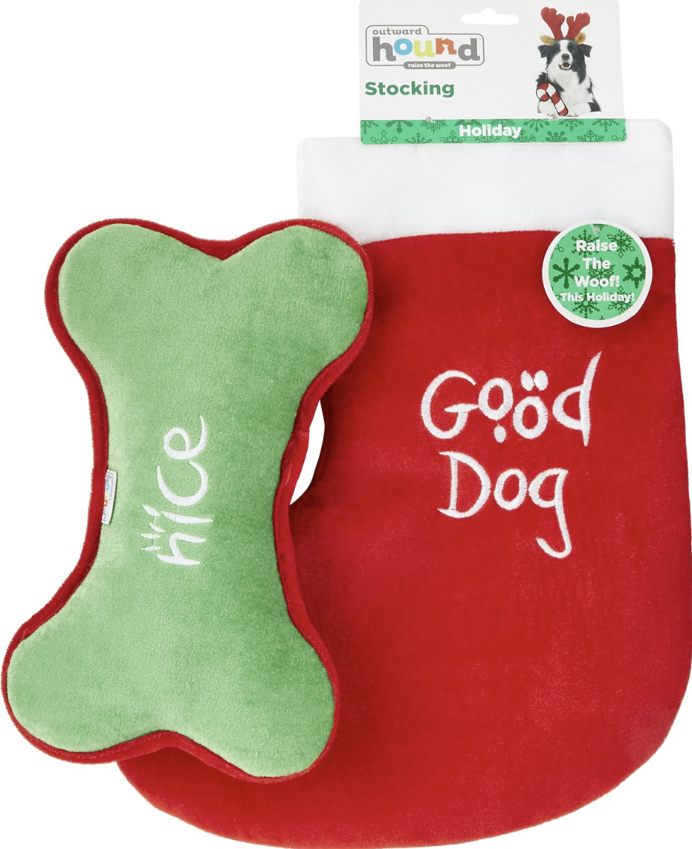 Outward Hound Holiday Good Dog/Bad Dog Dual Sided Stocking with Squeaking Toy