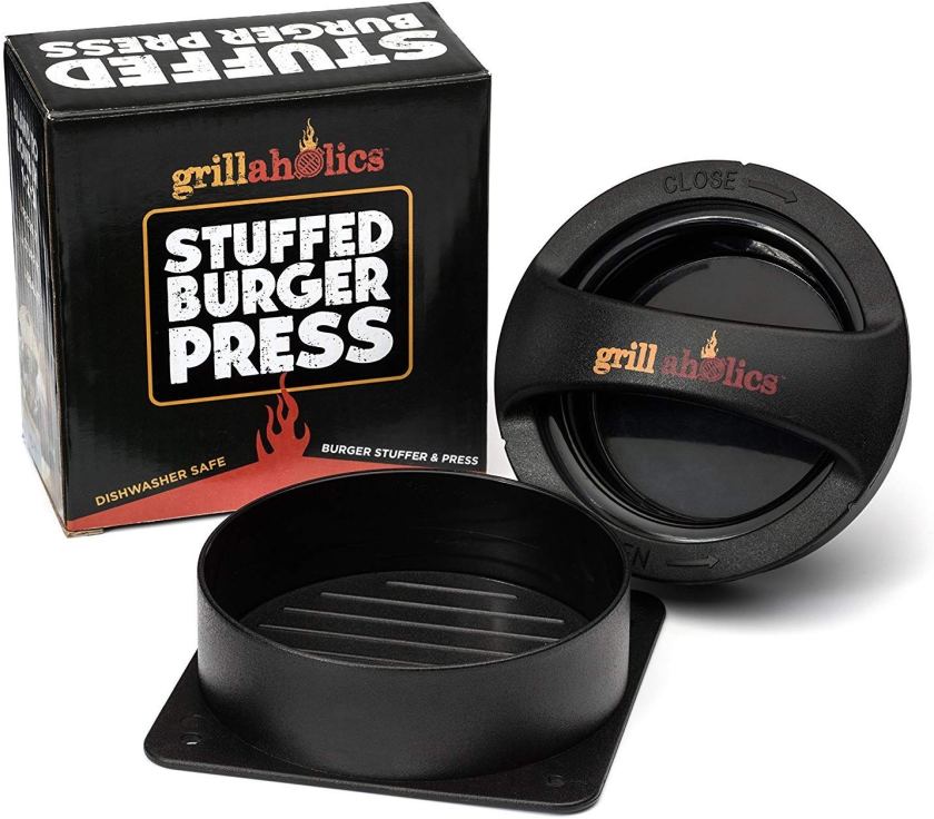 The Grillaholics Stuffed Burger Press is what you need for burger makin' on camping trips. If you're bringing a portable grill to your next camping trip, or have the opportunity to cook in your RV, don't get on the road until you've packed this gadget. This hamburger patty maker is simple to use. Stuff your Grillaholics Stuffed Burger Press with ground beef, add your favorite toppings (yes, toppings!) and press the lid to create the perfect burger. You can forget about all of your toppings falling off because your cheddar cheese and veggies will be stuffed inside the burger. You can skip the foil and campfire because this perfect patty is ready to go on the portable grill. Grillaholics Grill Mat and Stuffed Burger Press Bundle - Includes Set of 2 Non Stick BBQ Grilling Mats and Hamburger Patty Maker for Grilling - Great BBQ Grill Gift I love this gadget for camping, considering it makes the clean up quick and simple, but it's also ideal for your home kitchen. It's time to impress your buddies with some stuffed burgers. They'll never want a regular burger again after you use the Grillaholics Burger Press. Sorry, Whataburger and Culvers! The burger press is under $15, but you can buy this gadget along with other helpful tools. Such as the grill mat, gift bundle, and grilling essential kit. Head to the store for some ground meat and pull up your favorite burger recipes. We've got some tasty venison burger recipes that would love a spot in your new Grillaholics stuffed burger press. I'm loving the price on this gadget. This is a great budget-friendly alternative if you're not looking to buy a Cuisinart hamburger press. Take note of the awesome specs. Dishwasher safe Heavy-duty BPA-free plastic material Free Recipe ebook included with purchase Non-stick coating Check out these customer reviews. They'll let you know exactly why this burger press makes the best burgers around. Visit Amazon for your very own burger press and check out Grillaholics' recipe book.
