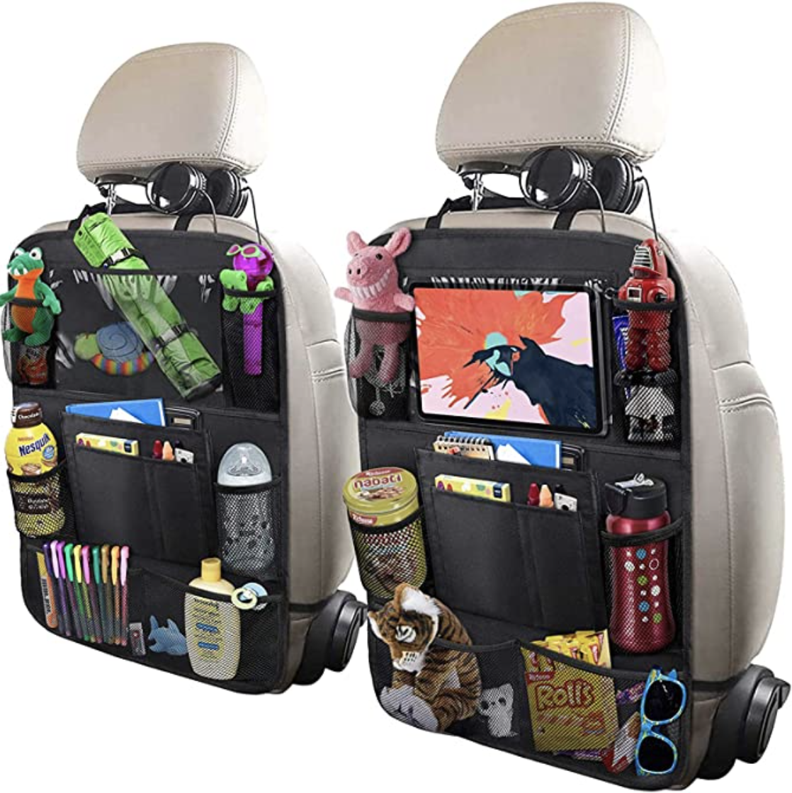 Backseat car organizer hanging on headrest