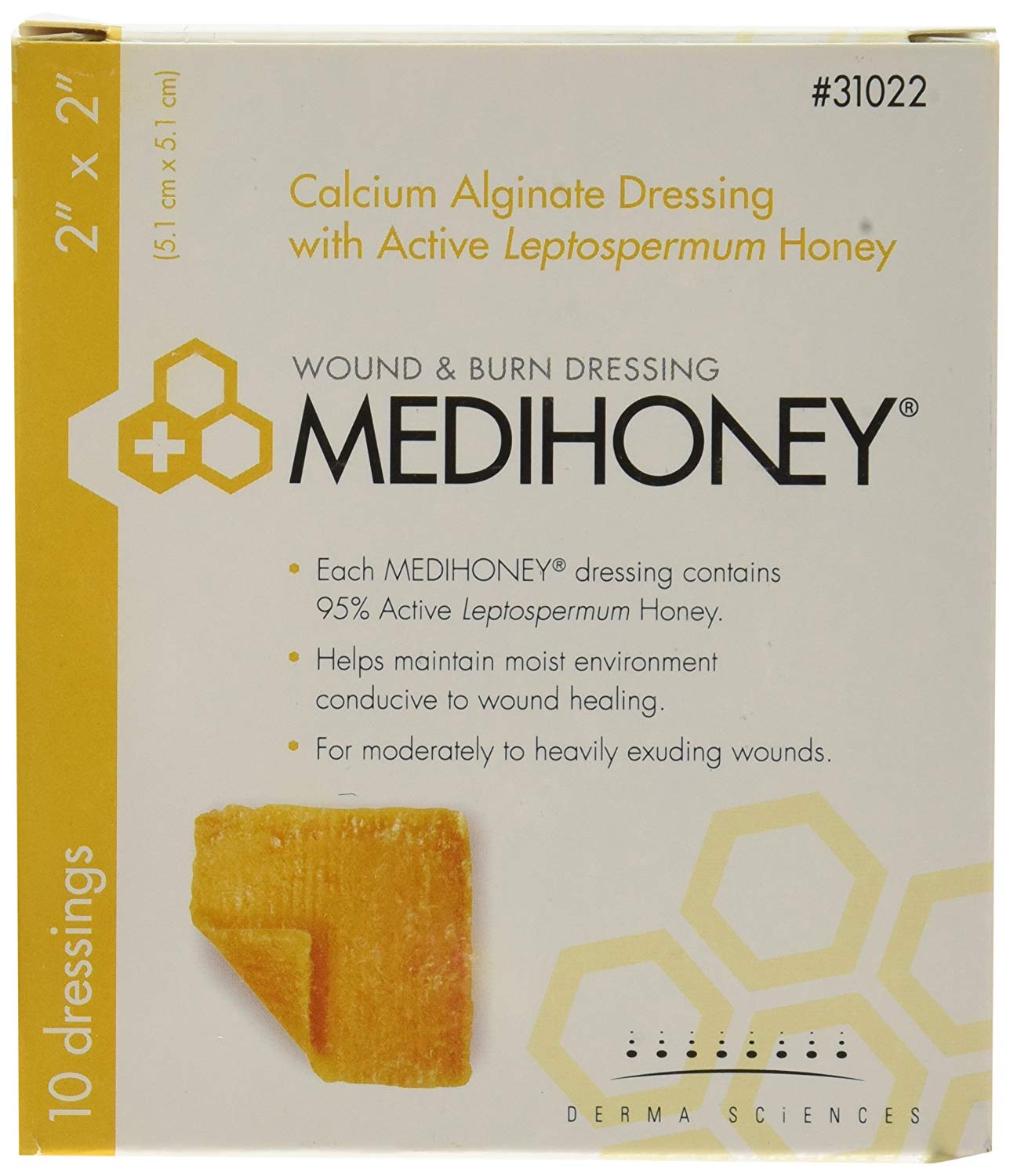 Derma Sciences 31022 Medihoney Calcium Alginate Dressing, 2 Width x 2 Length (Pack of 10)
