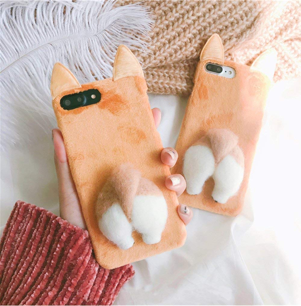 UnnFiko Soft Fur Case for iPhone X, Cartoon Funny Cute Puppy Plush Animal Cat Butt Corgi