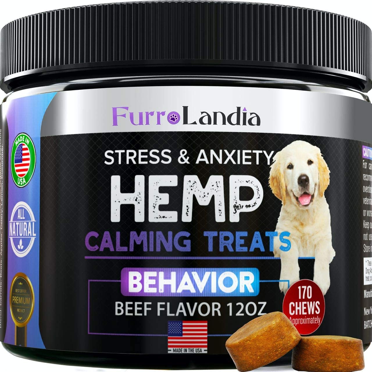 FurroLandia Hemp Calming Treats for Dogs - 170 Soft Chews - Made in USA - Hemp Oil for Dogs - Dog Anxiety Relief - Natural Calming Aid - Stress - Fireworks | Aggressive Behavior (Beef Flavor)