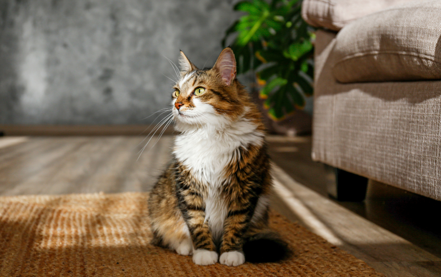 ragamuffin looks away from camera in living room