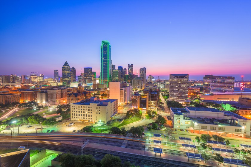 Dallas, Texas, USA downtown city skyline at twilight.