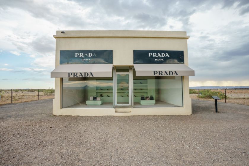 VALENTINE, TEXAS - JULY 14: The Prada Marfa sculpture by artists Elmgreen and Dragset on July 14, 2020 in Valentine, Texas.