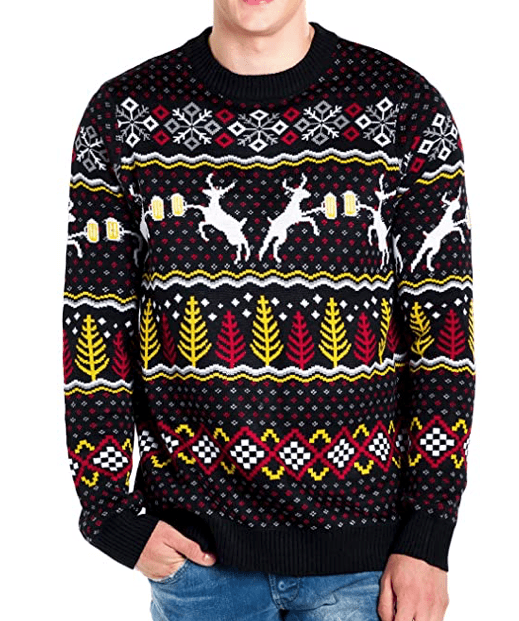 Tipsy Elves Men's Deer with Beer Christmas Sweater - Black Caribrew Ugly Christmas Sweater