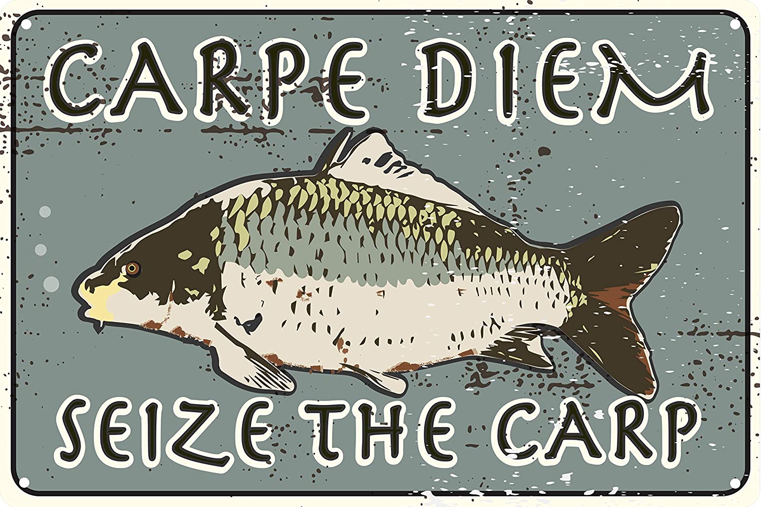Toothsome Studios Carpe Diem Seize The Carp 12" x 8" Funny Tin Sign Bait and Tackle Shop Man Cave Garage Fishing Decor