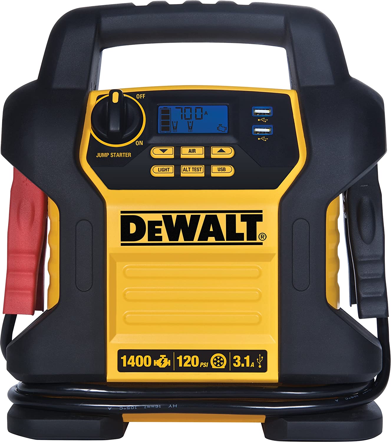 DEWALT DXAEJ14 Digital Portable Power Station Jump Starter- 1400 Peak:700 Instant Amps, 120 PSI Digital Air Compressor, 3.1A USB Ports, Battery Clamps