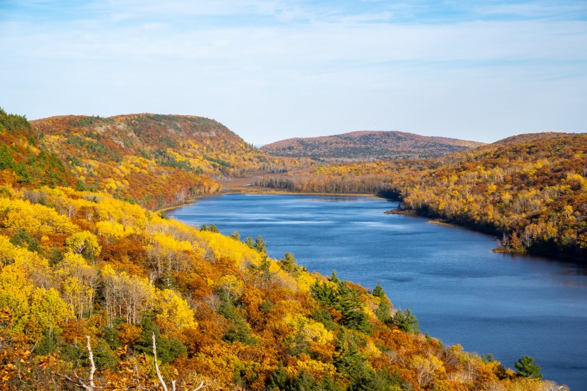 Lake of the Clouds in the fall with beautiful autumn leaves on the trees, in Porcupine Mountains Michigan
