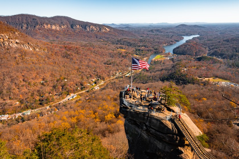 Chimney Rock at Chimney Rock State Park and Lake Lure, North Carolina,USA in fall season.