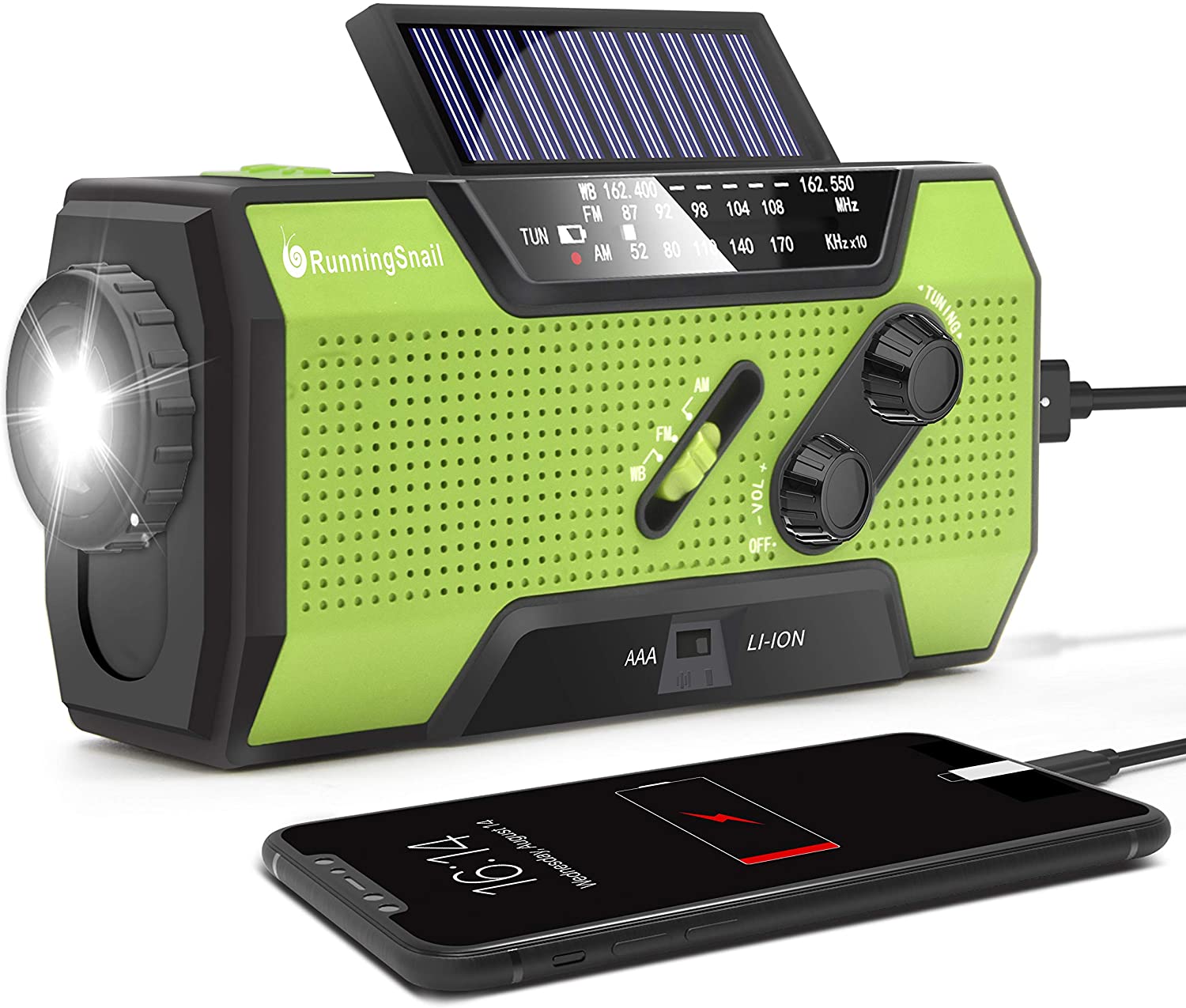 RunningSnail Solar Crank NOAA Weather Radio for Emergency with AM/FM, Flashlight, Reading Lamp and 2000mAh Power Bank (Green)