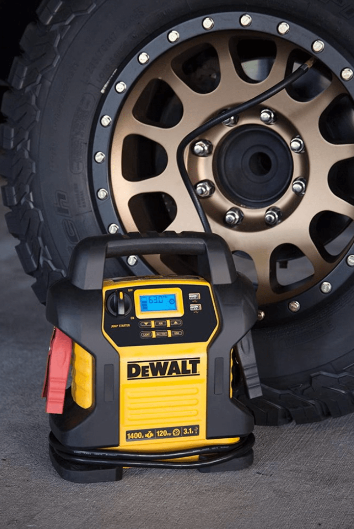 DEWALT DXAEJ14 Digital Portable Power Station Jump Starter: 1400 Peak/700 Instant Amps, 120 PSI Digital Air Compressor, 3.1A USB Ports, Battery Clamps