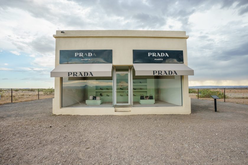 VALENTINE, TEXAS - JULY 14: The Prada Marfa sculpture by artists Elmgreen and Dragset on July 14, 2020 in Valentine, Texas. 