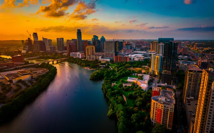 Amazing golden hour sunset over Town Lake , Austin Texas USA The Capital City of USA Travel Destination of America Summer 2021