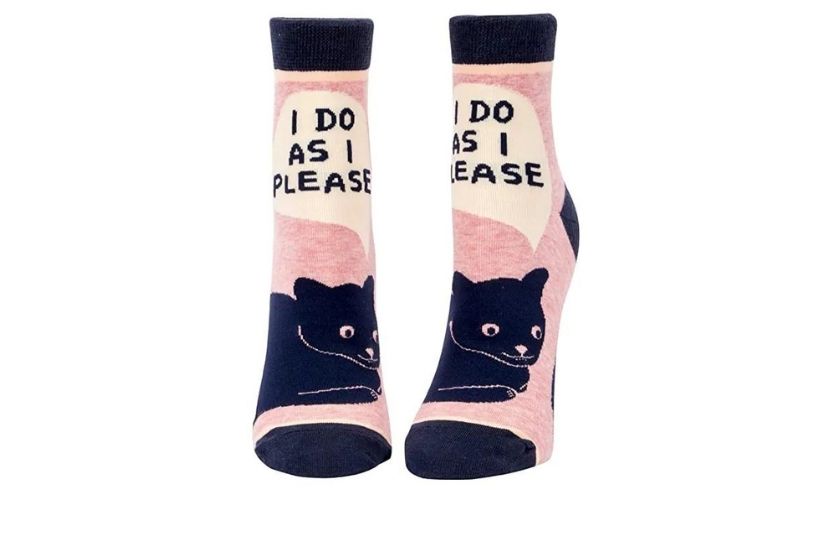 cat socks (i do as i please) printed on them with cats lying down
