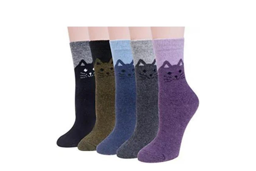 cat socks (different colors, with cats at the top of the socks)
