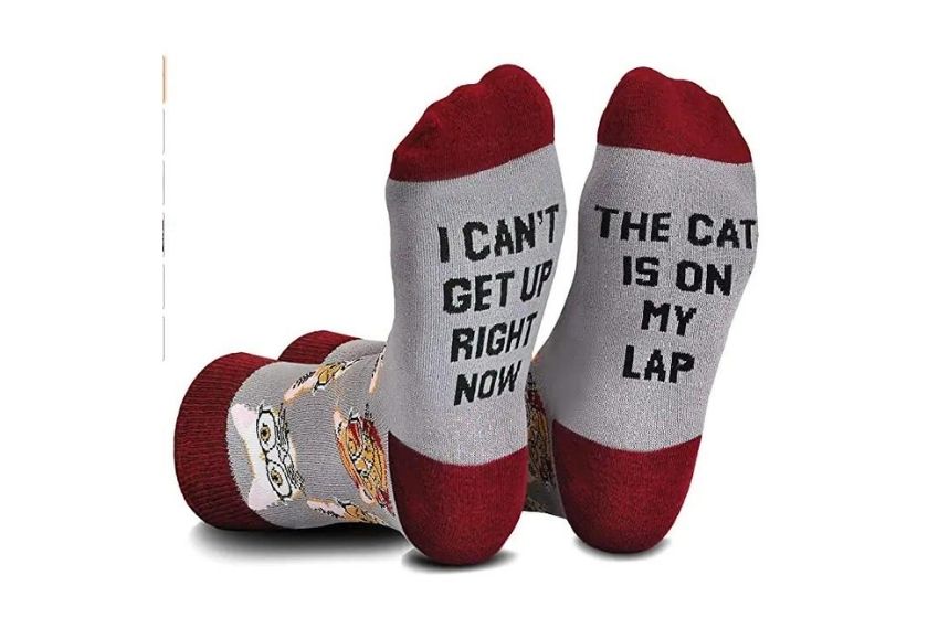 cat socks (i can't get up right now, the cat is on my lap) printed on the bottom