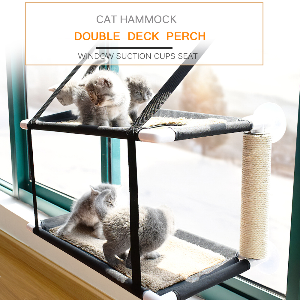 Suzicca Cat Window Perch Hammock Bed Double Decker Deluxe Suction Cups Seat Cat Shelves Sunbath Hammock Bed for Cat Hold UP to 20KG 44lbs