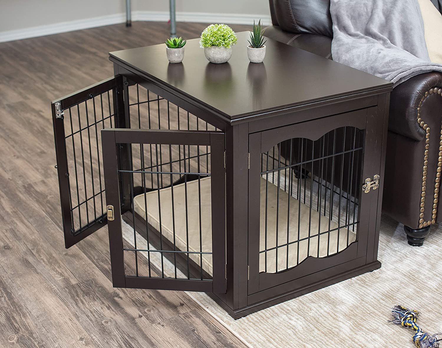 BIRDROCK HOME Decorative Dog Kennel with Pet Bed for Small Dogs - Espresso - Double Door - Wooden Wire Dog House - Indoor Pet Dog Crate Side Table - Bed Nightstand