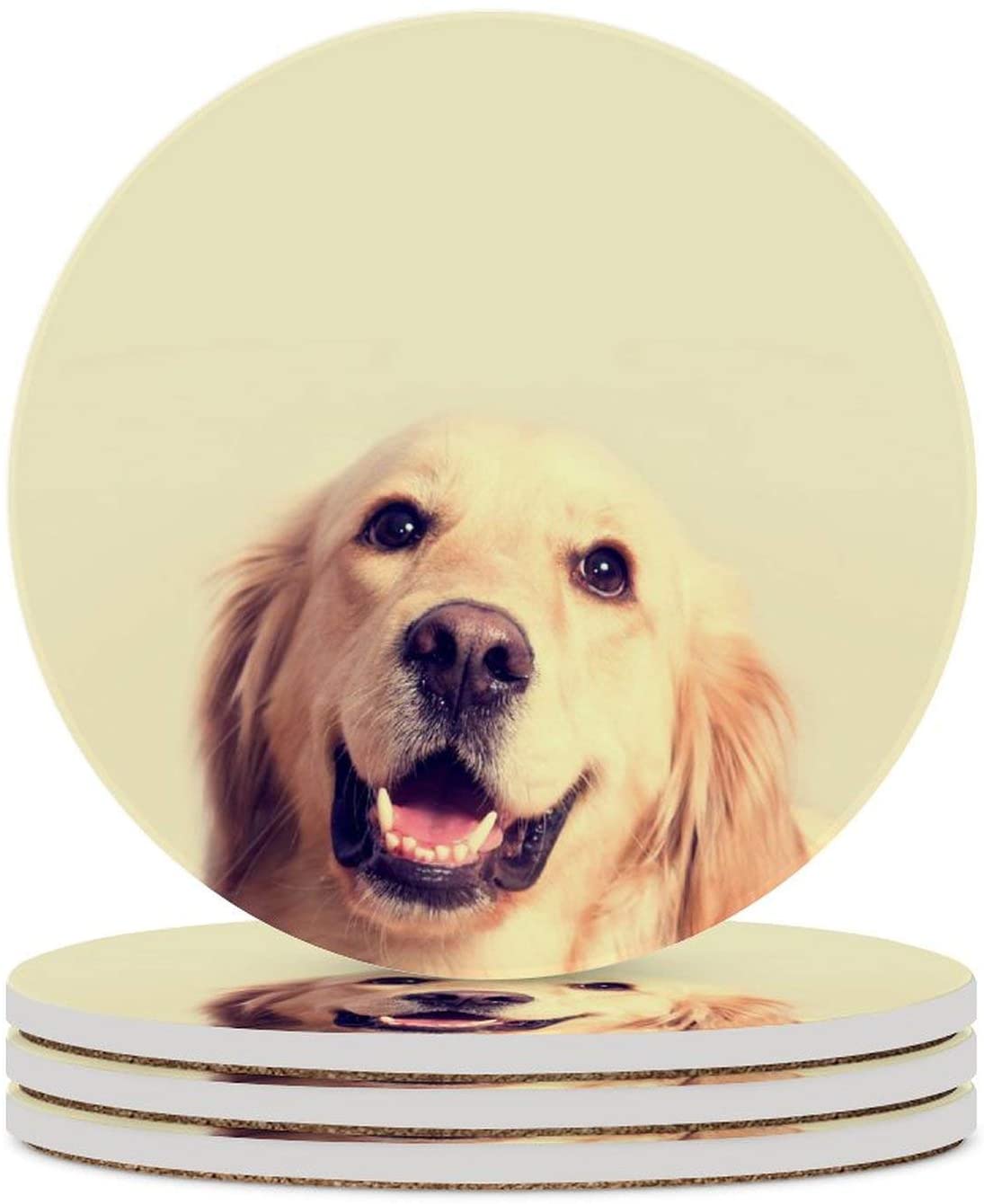 Ceramic Cork Drink Coasters Absorbent Cute Golden Retriever Dog Round Coasters Set of 4 Housewarming Gifts Wine Accessories Rustic Dining Room Decorations
