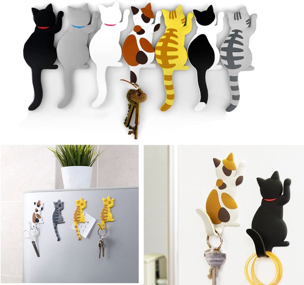 Comidox Cute Multifunction Cat Magnetic Refrigerator Sticker Fridge Magnet Hanging Hook 2 in 1 Gray cat:Black white cat:Yellow striped cat:Gray Yellow striped cat 4pcs