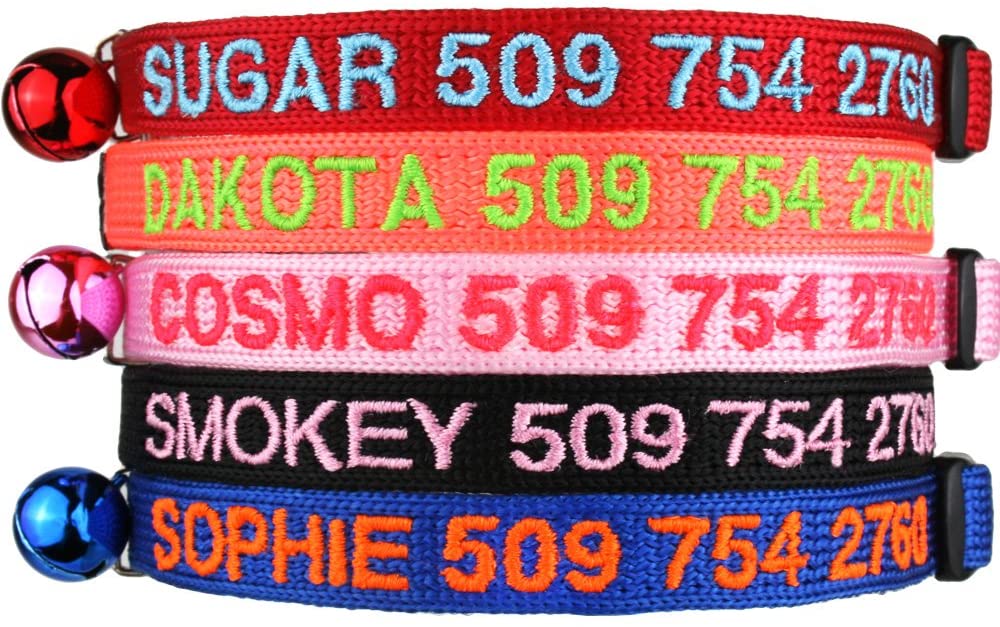GoTags Personalized Cat Collars with Breakaway Safety Release Buckle, Custom Embroidered Cat Collar with Pet Name and Phone Number, Adjustable Nylon ID Collar with Bell for Cat or Kitten