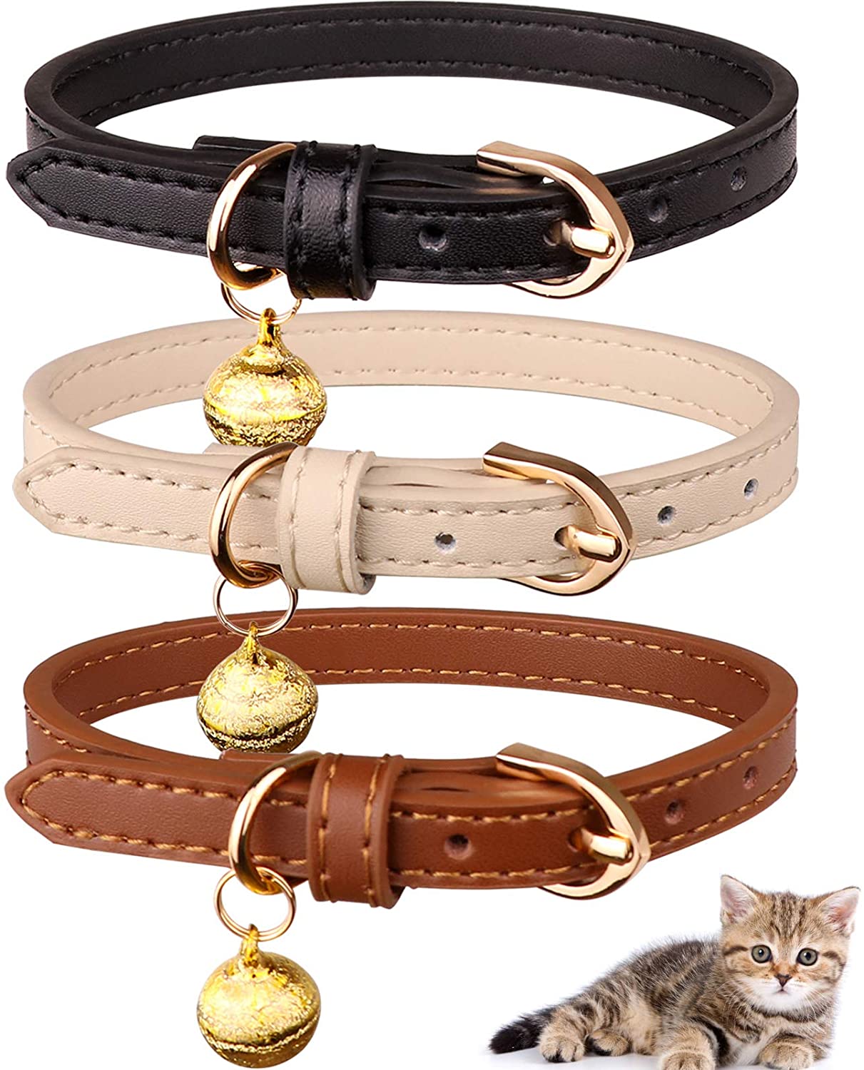Jamktepat 3 Pack Leather Cat Collars with Bells Soft Pet Safety Collar Kitten Collars with Bell Black Chocolate Beige