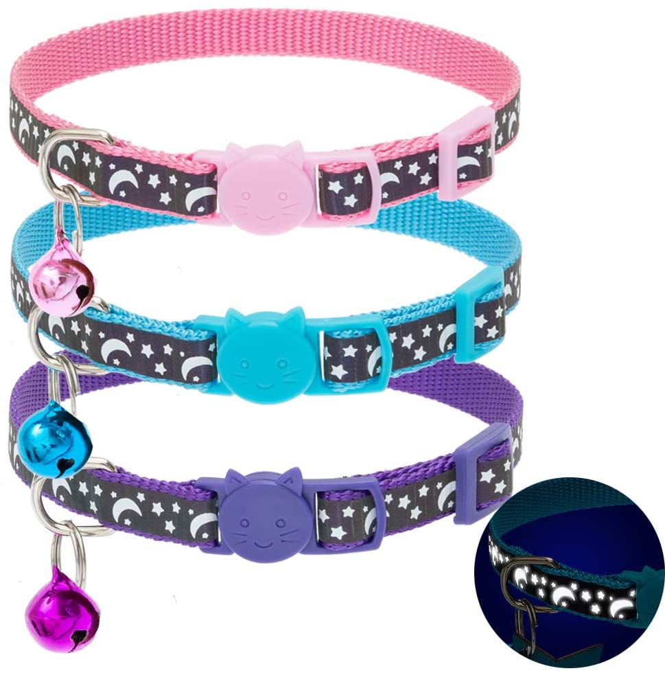KOOLTAIL Cat Breakaway Collar with Bells and ID Tags Personalized - Glow in The Dark Pattern Collars with Wooden Handwriting Name Identify Tags Adjustable...