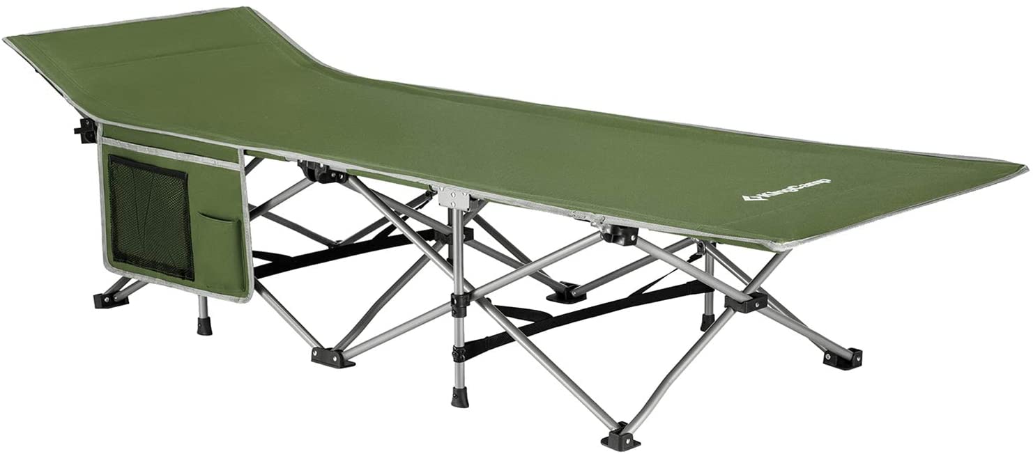KingCamp Folding Camping Cot for Adults W:Carry Bag, Portable Sleeping Cot for Camp Office Use W:Pockets, Heavy Duty Folding Cot Bed, Blue Gray Green