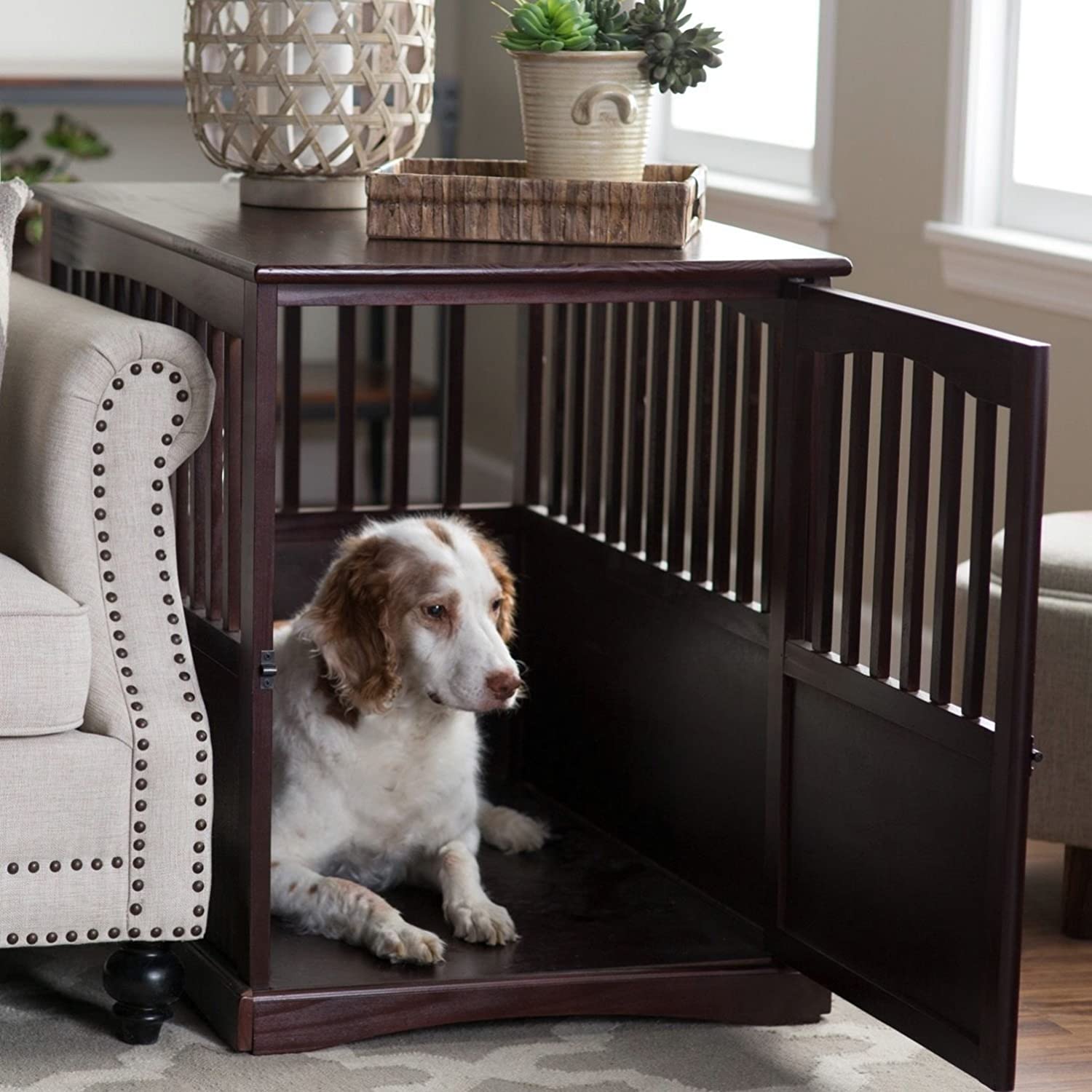 Newport Dog Crate Kennel Cage Bed Night Stand End Table Wood Furniture Cave House Room Large Size:Dark Brown