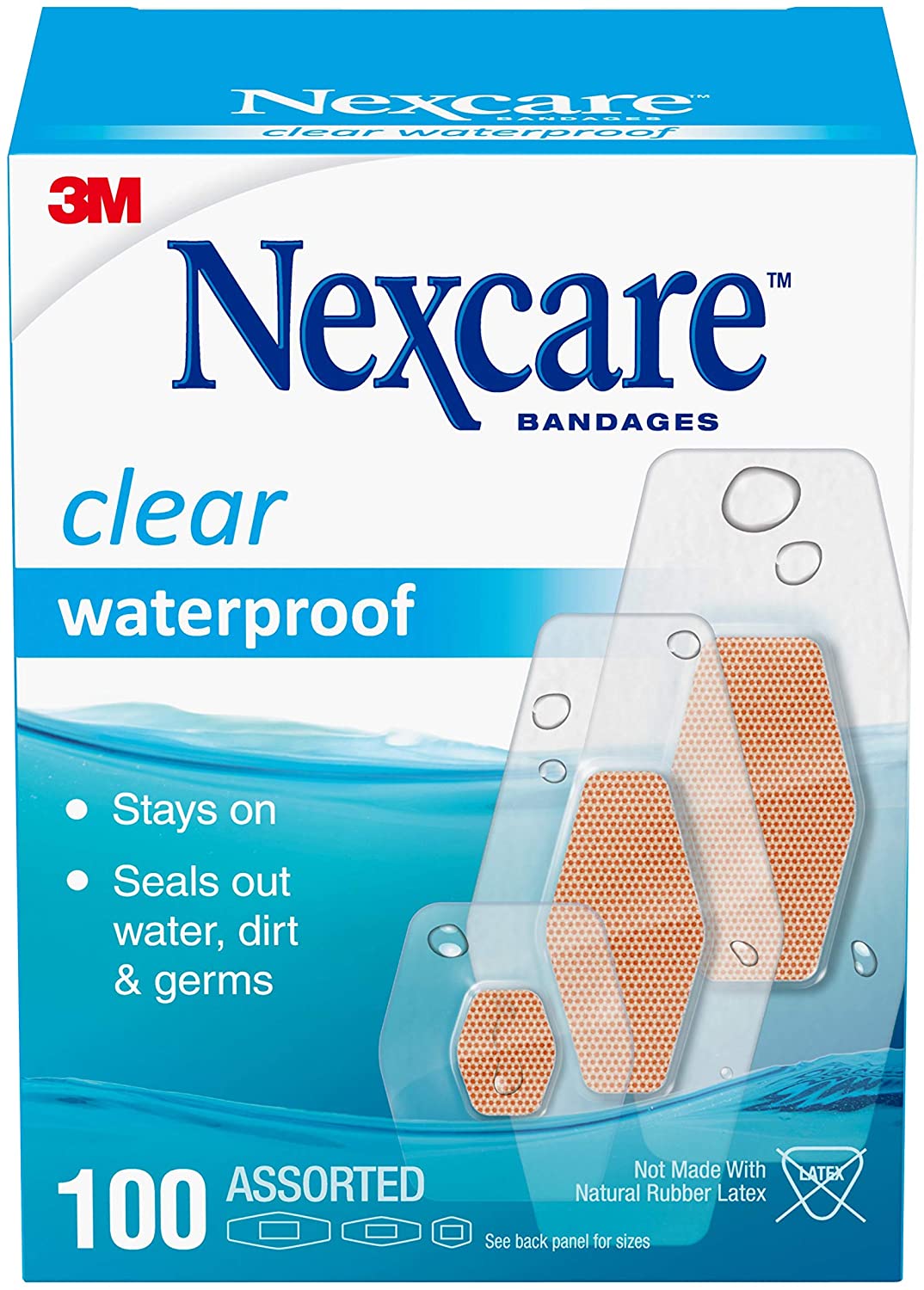 Nexcare Waterproof Bandages Family Pack, Assorted Sizes, Tan, 100 Count
