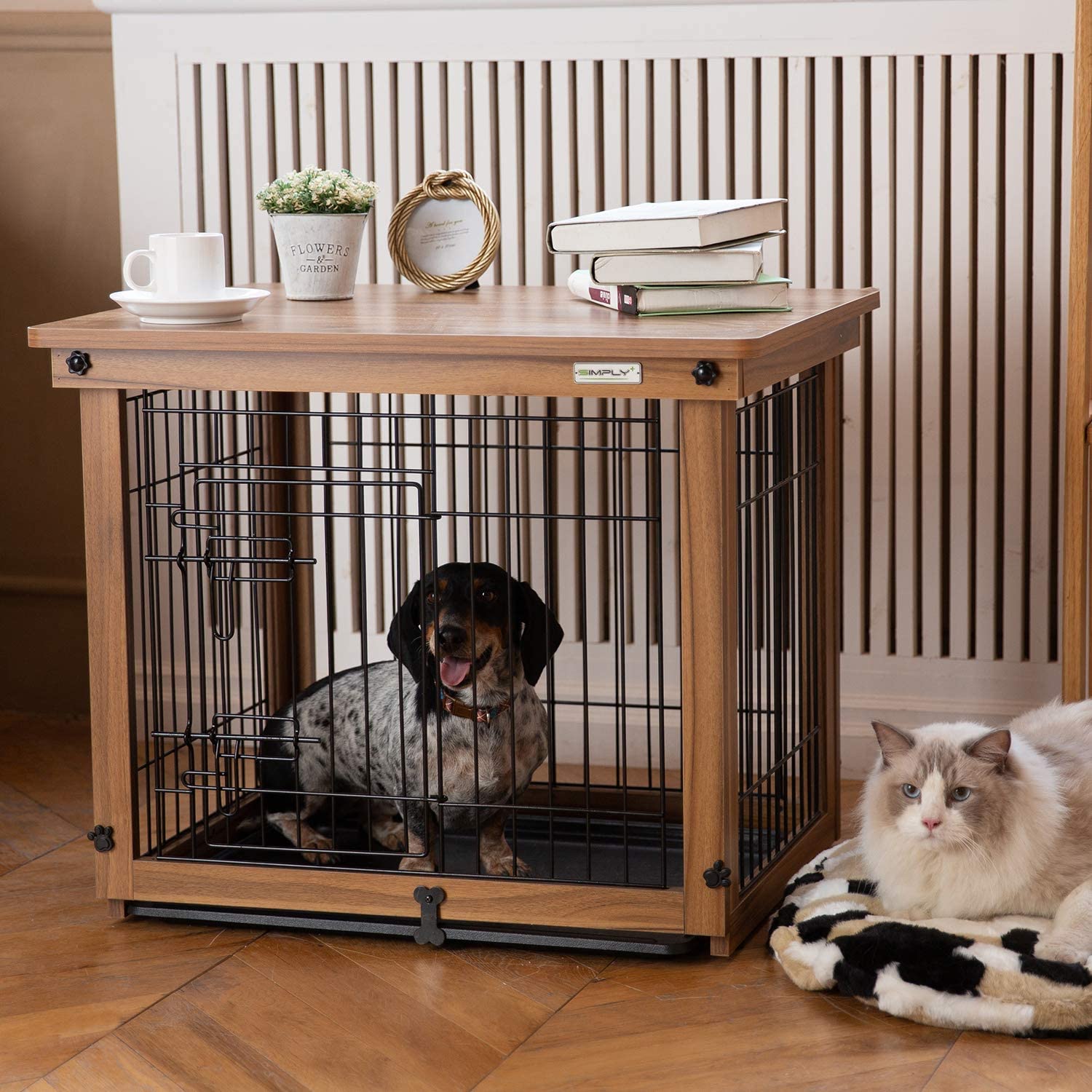 SIMPLY + Wooden Wire Dog Cage, Dog Crate End Table, Pet Crate Dog Kennel, Dog House with Dog Pad Side Furniture Table for Small Pets, Chew-Proof