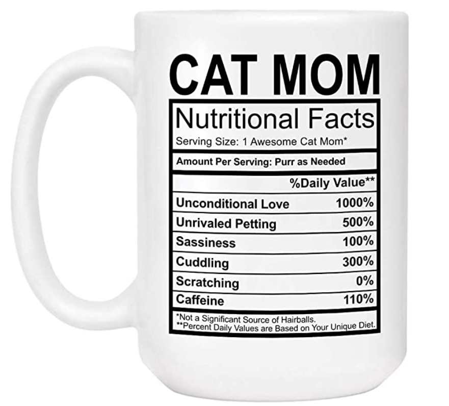 Funny Coffee Mug Cat Mom Nutritional Facts Label, Large Ceramic Coffee Mug Tea Cup Novelty Gag Gift for Cowokers | White 15oz