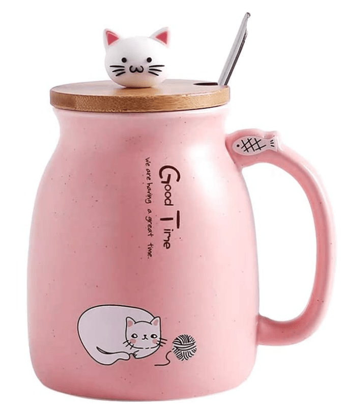 Cat Mug Cute Ceramic Coffee Cup with Lovely Kitty wooden lid Stainless Steel Spoon,Novelty Morning Cup Tea Milk Christmas Mug Gift 380ML (Pink)