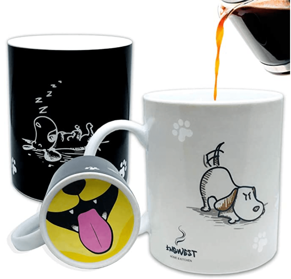InGwest. Funny Coffee Mug with Friendly Dog and Tongue on bottom. Heat Sensitive Mug, Color Changing Mug.