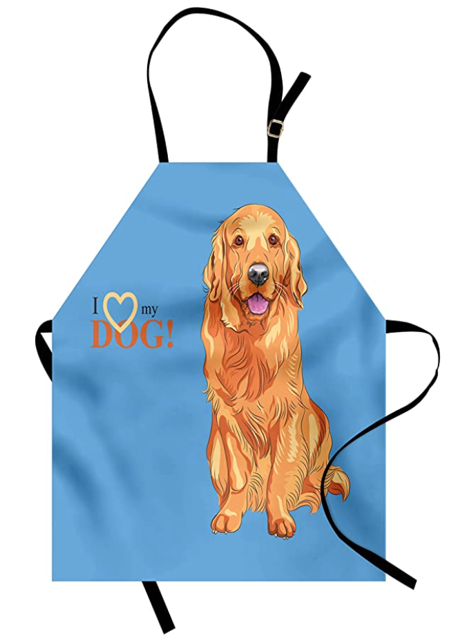 Ambesonne Golden Retriever Apron, Smiling Dog Cartoon Style I Heart My Pet Theme for Animal Lovers, Unisex Kitchen Bib with Adjustable Neck for Cooking Gardening, Adult Size, Orange Blue