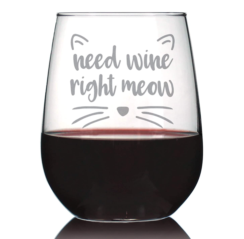Need Wine Right Meow - Cute Funny Cat Stemless Wine Glass, Large 17 Ounces, Etched Sayings, Gift Box