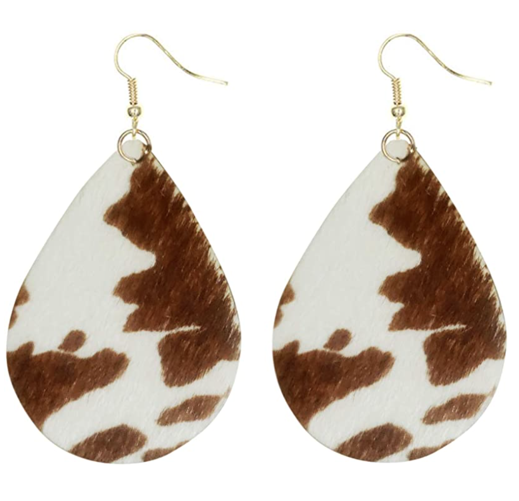 Kathaya Pure Genuine Leather Teardrop Hook Earrings Handmade Lightweight Floral Cow Print Earring for Women Girls Dangle Drop Earring Set White Black/Brown