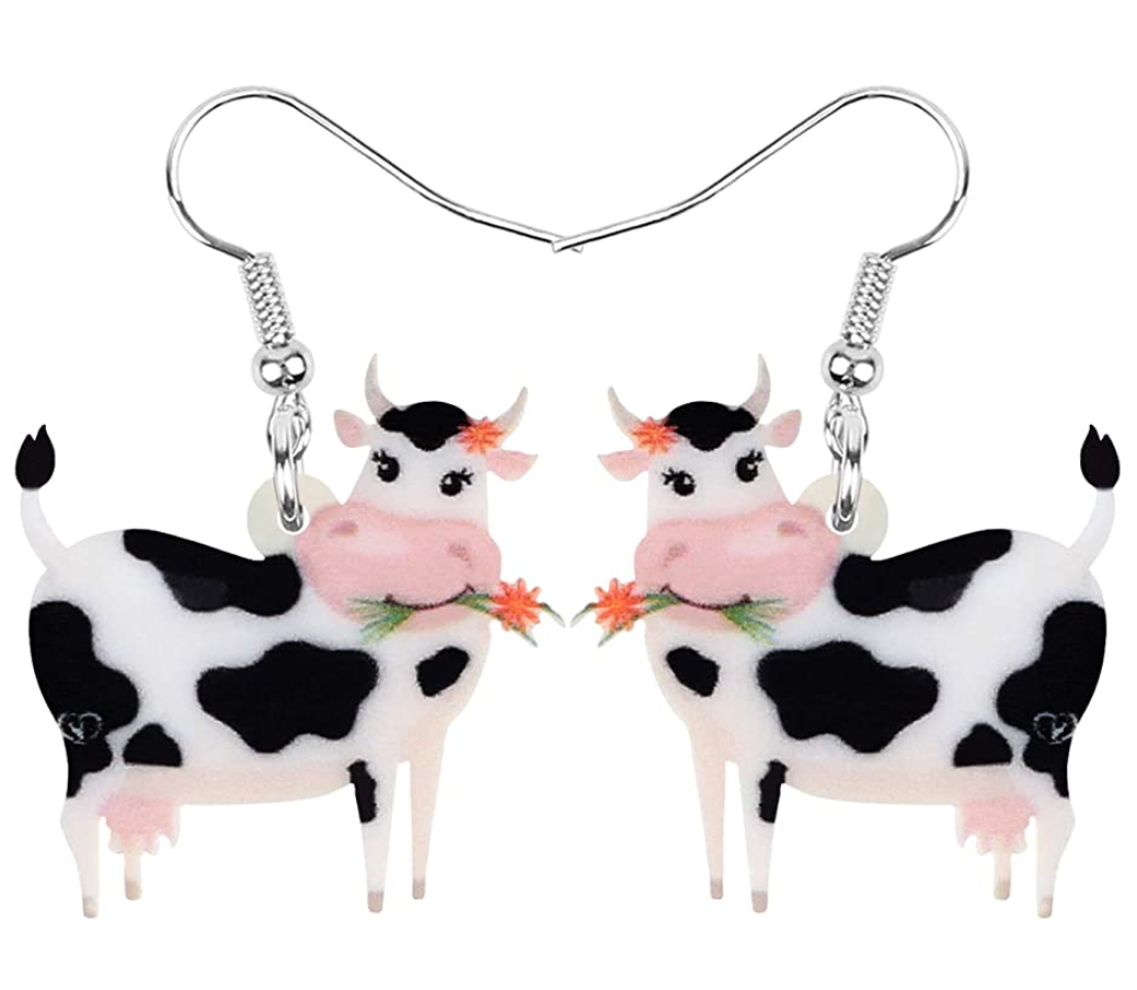 Bonsny Acrylic Drop Dangle Cartoon Smile Flower Cow Earrings Gift Farm Animal Fashion Jewelry For Women Kids Charms