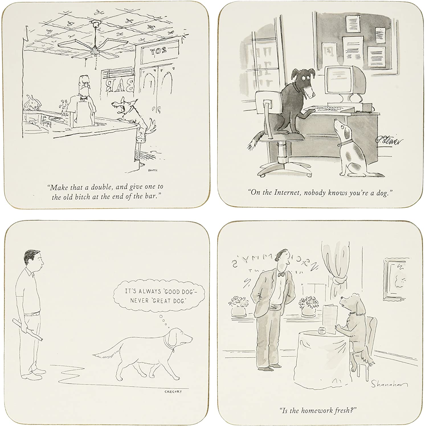 The New Yorker Dogs-Box Set of 4 Coasters, 4.25 x 4.25 x 1, Blue and White