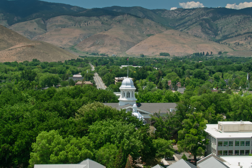 Aerial shot of the state capitol building dome in Carson City, Nevada on a sunny day in summer.